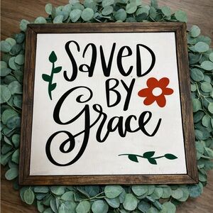 Rustic 'Saved by Grace' Wall Art with Red and Black Accents